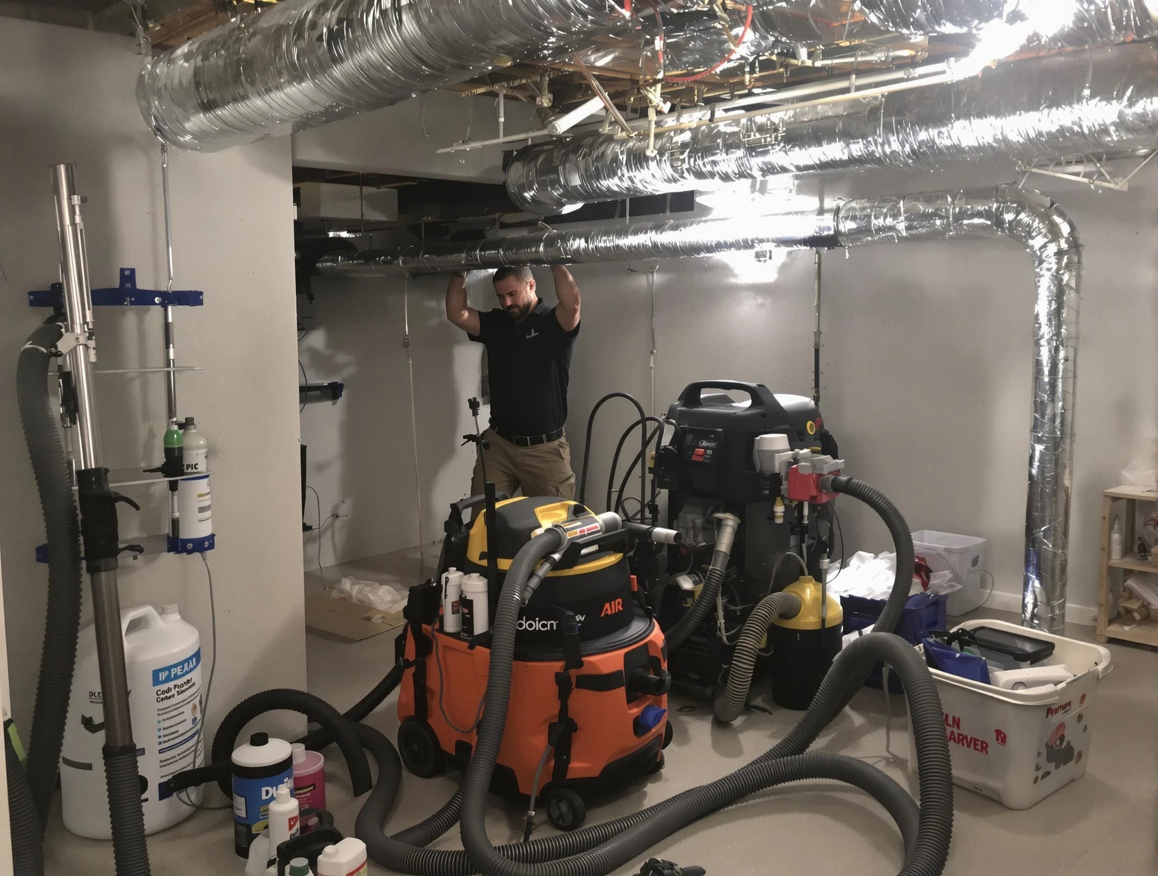Buford Air Duct Cleaning specialist performing professional mold removal from air ducts using safety equipment in Buford